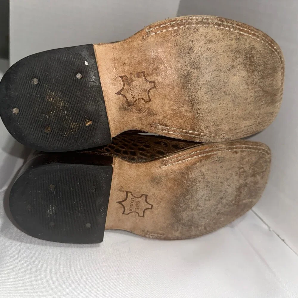 Old West Kids 12.5 D Cowboy Boots Brown Croc Embossed Leather Square Toe